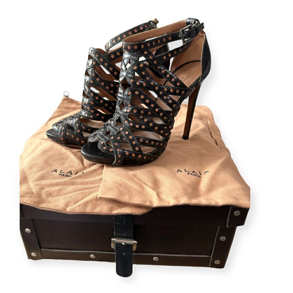 Alaïa Black Leather Caged High Heel Sandal with Ankle Strap, Size 36 EU, in Box